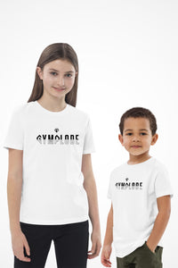 Unisex kids cute t-shirt with Gymplode dual mark imprint, front view with model