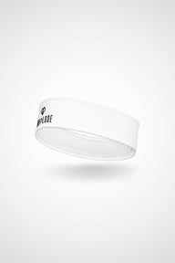 White Gymplode headband with dual mark imprint, angled view