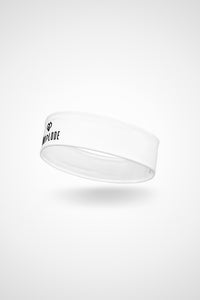 White Gymplode headband with dual mark imprint, angled view