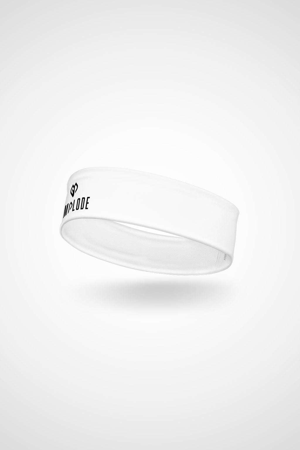 White Gymplode headband with dual mark imprint, angled view