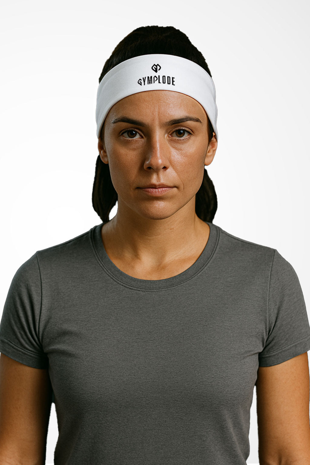 White Gymplode headband with dual mark imprint, worn by female model