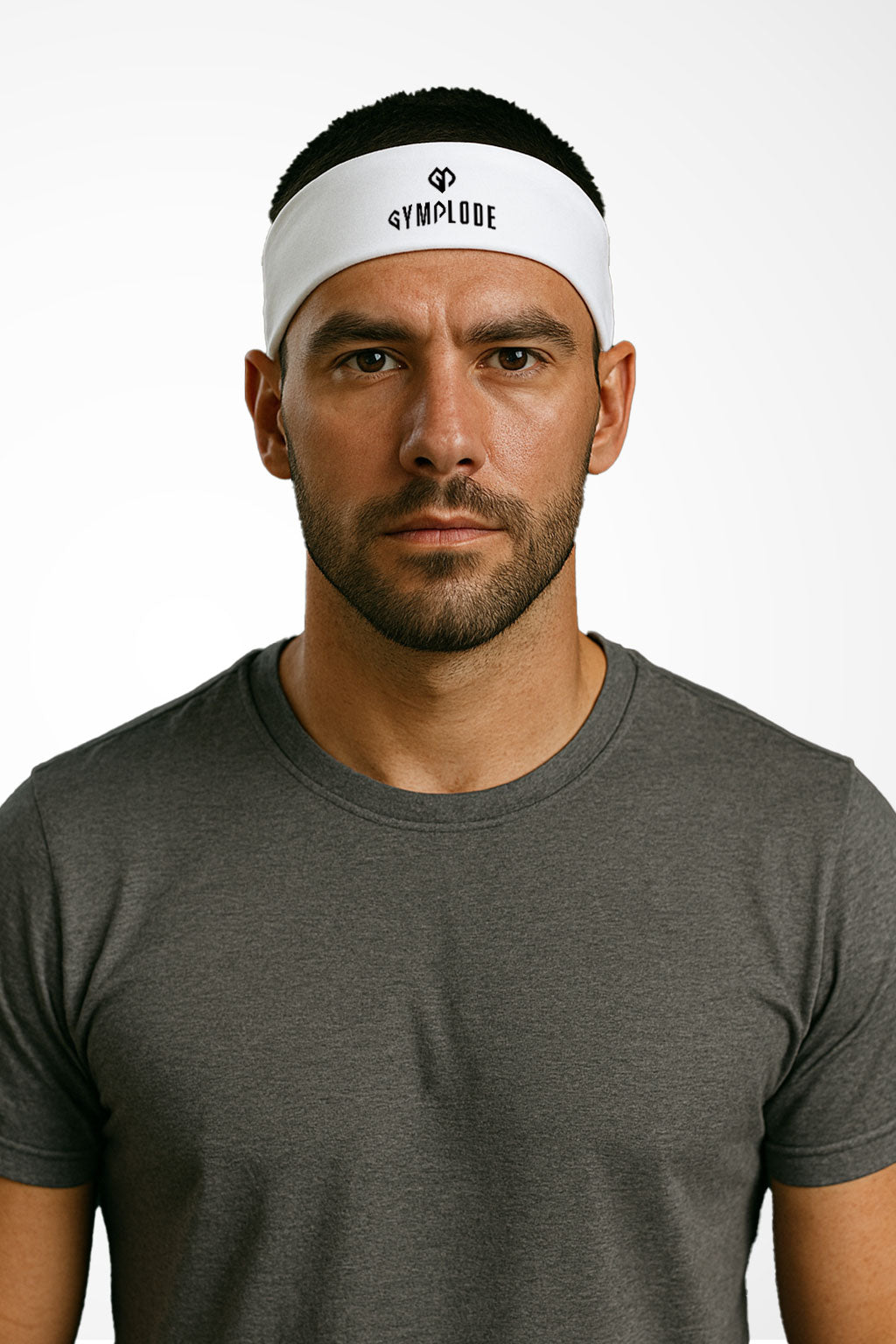 White Gymplode headband with dual mark imprint, worn by male model