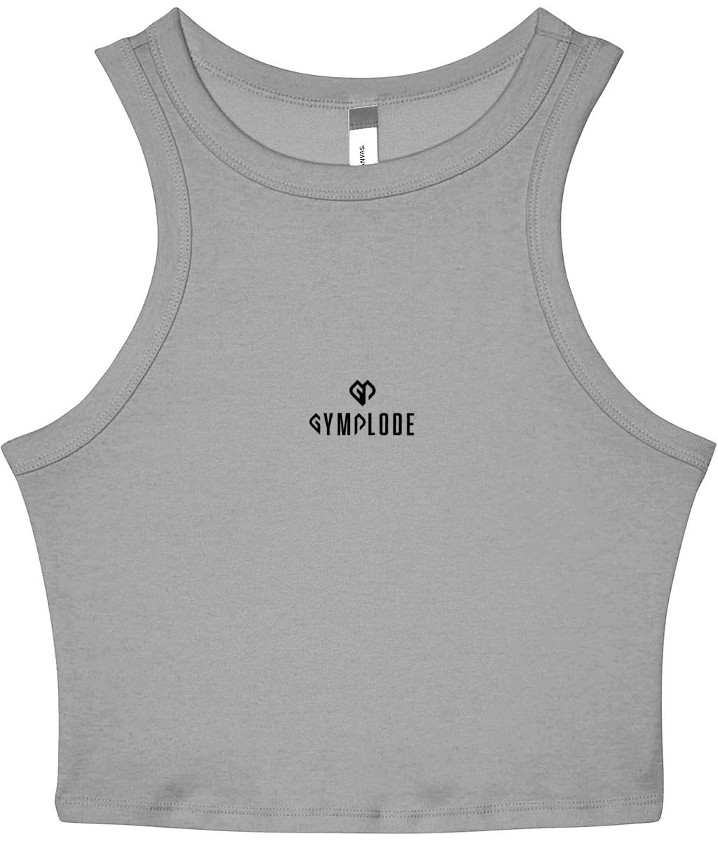Womens athletic heather Stretchy Fit Micro Rib Racer tank top with Gymplode dual mark