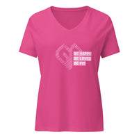 Womens Be Happy Be Loved Be Fit berry V-neck tee with Gymplode icon print