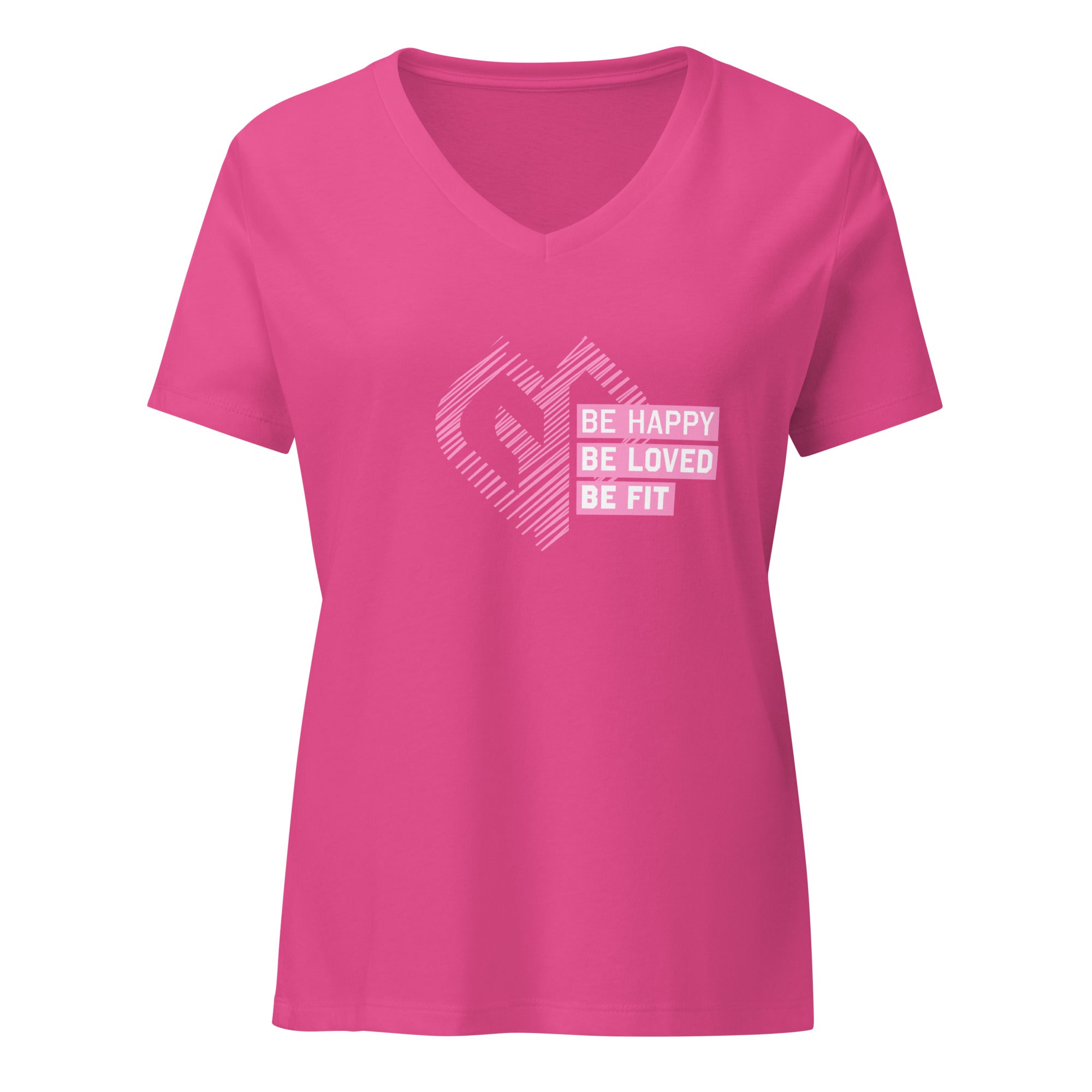 Womens Be Happy Be Loved Be Fit berry V-neck tee with Gymplode icon print