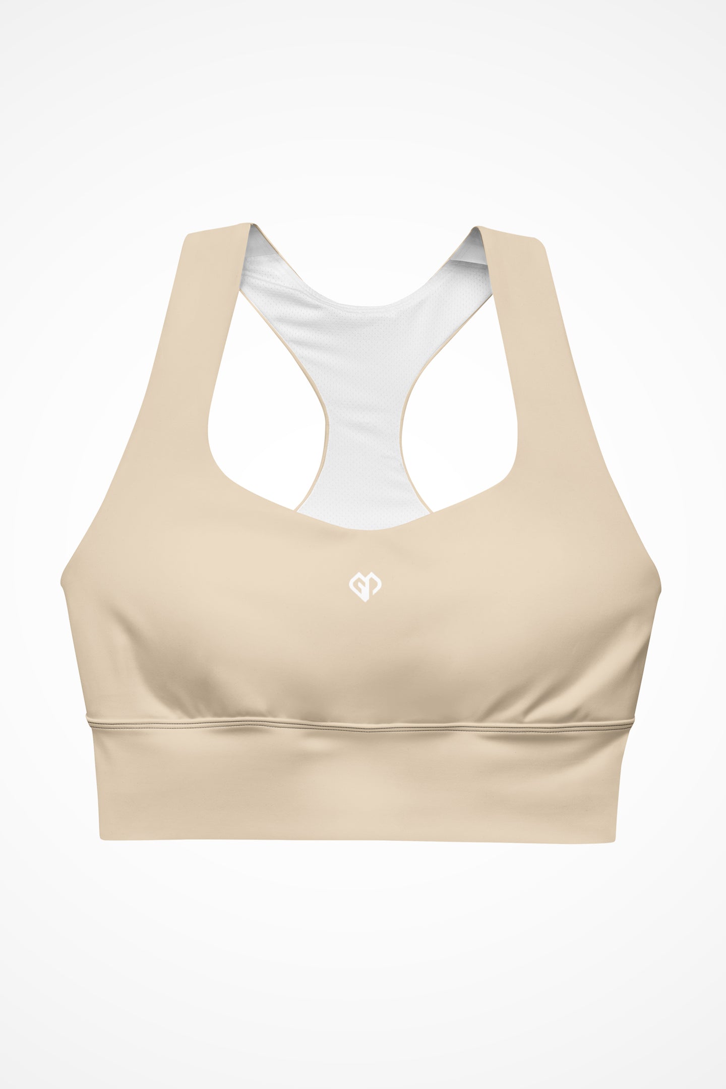 Womens beige longline sports bra with Gymplode icon logo, front view