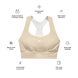 Womens beige Gymplode longline sports bra key features