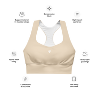 Womens beige Gymplode longline sports bra key features