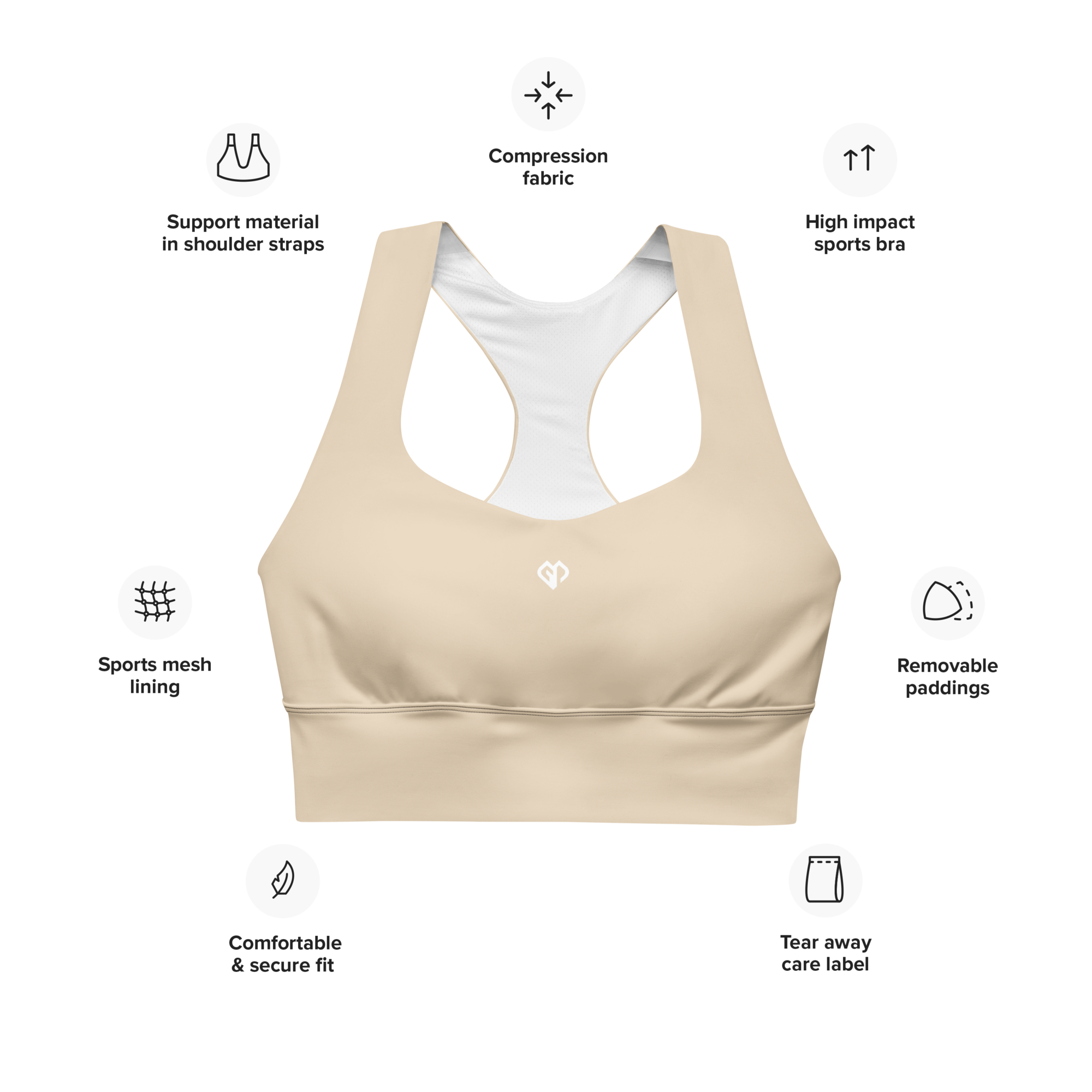 Womens beige Gymplode longline sports bra key features