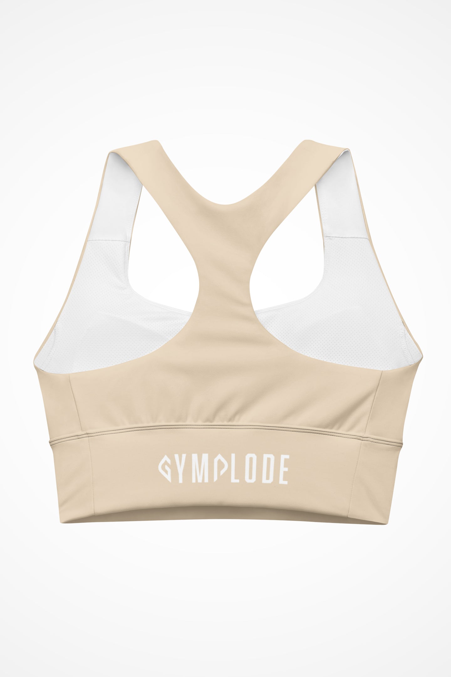 Womens beige longline sports bra with Gymplode signature logo, back view