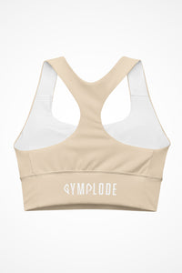 Womens beige longline sports bra with Gymplode signature logo, back view