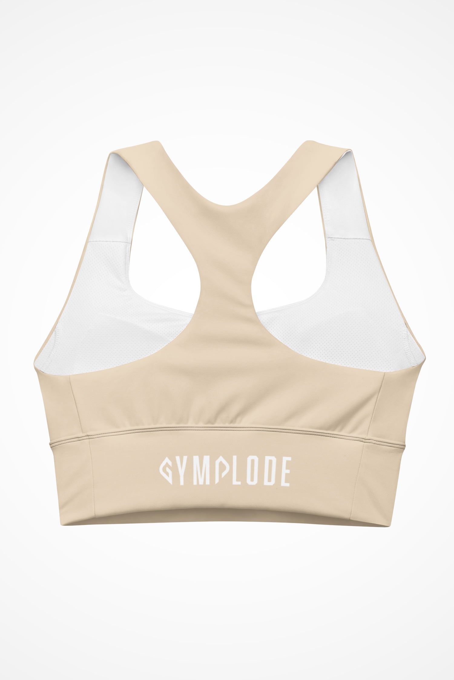 Womens beige longline sports bra with Gymplode signature logo, back view
