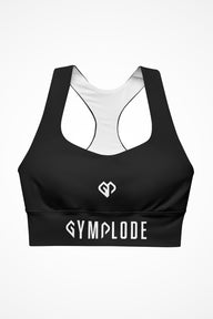 Womens black longline sports bra with Gymplode dual mark logo, front view