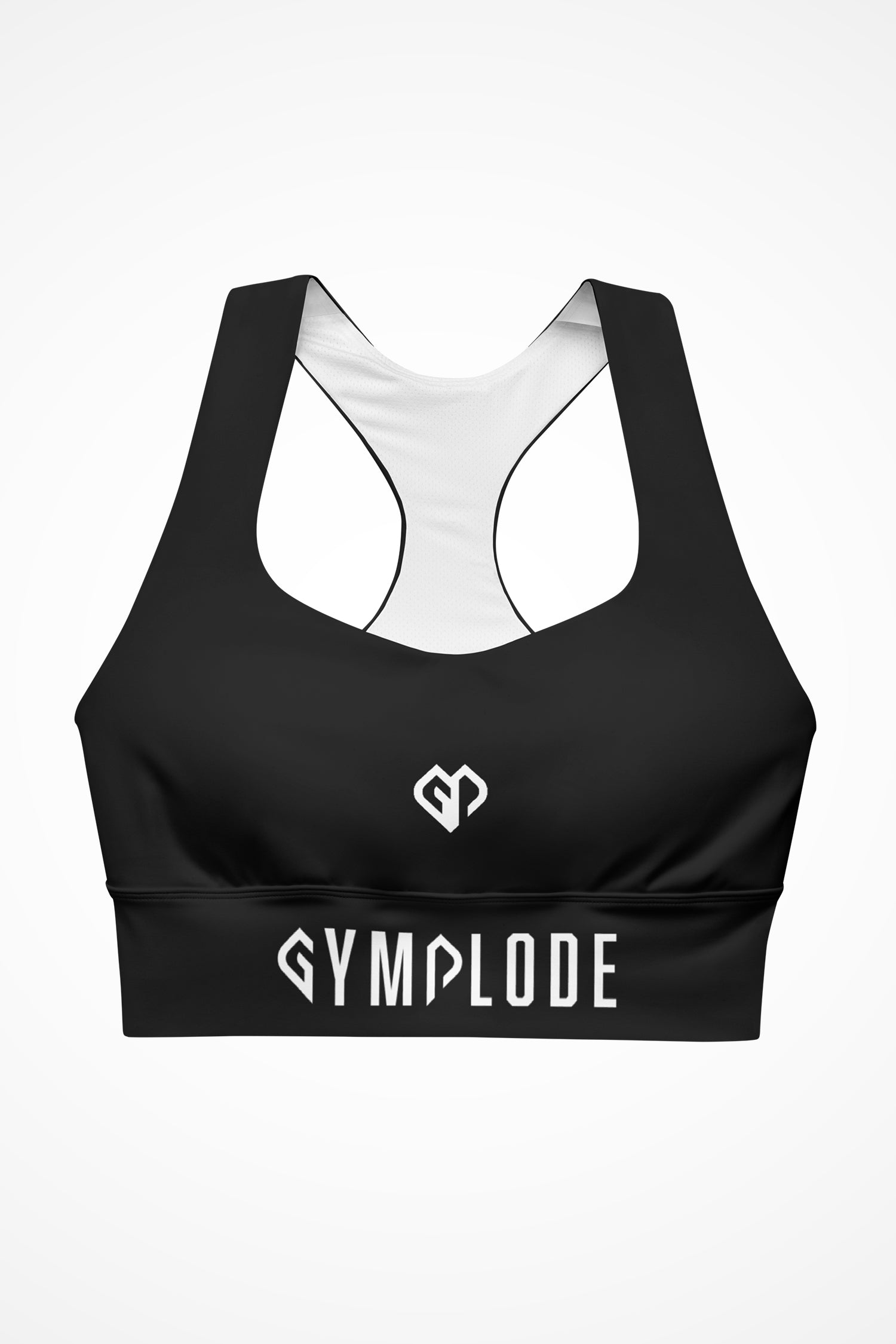 Womens black longline sports bra with Gymplode dual mark logo, front view