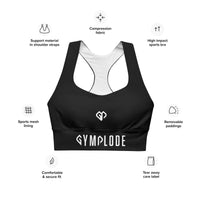 Womens black Gymplode longline sports bra key features