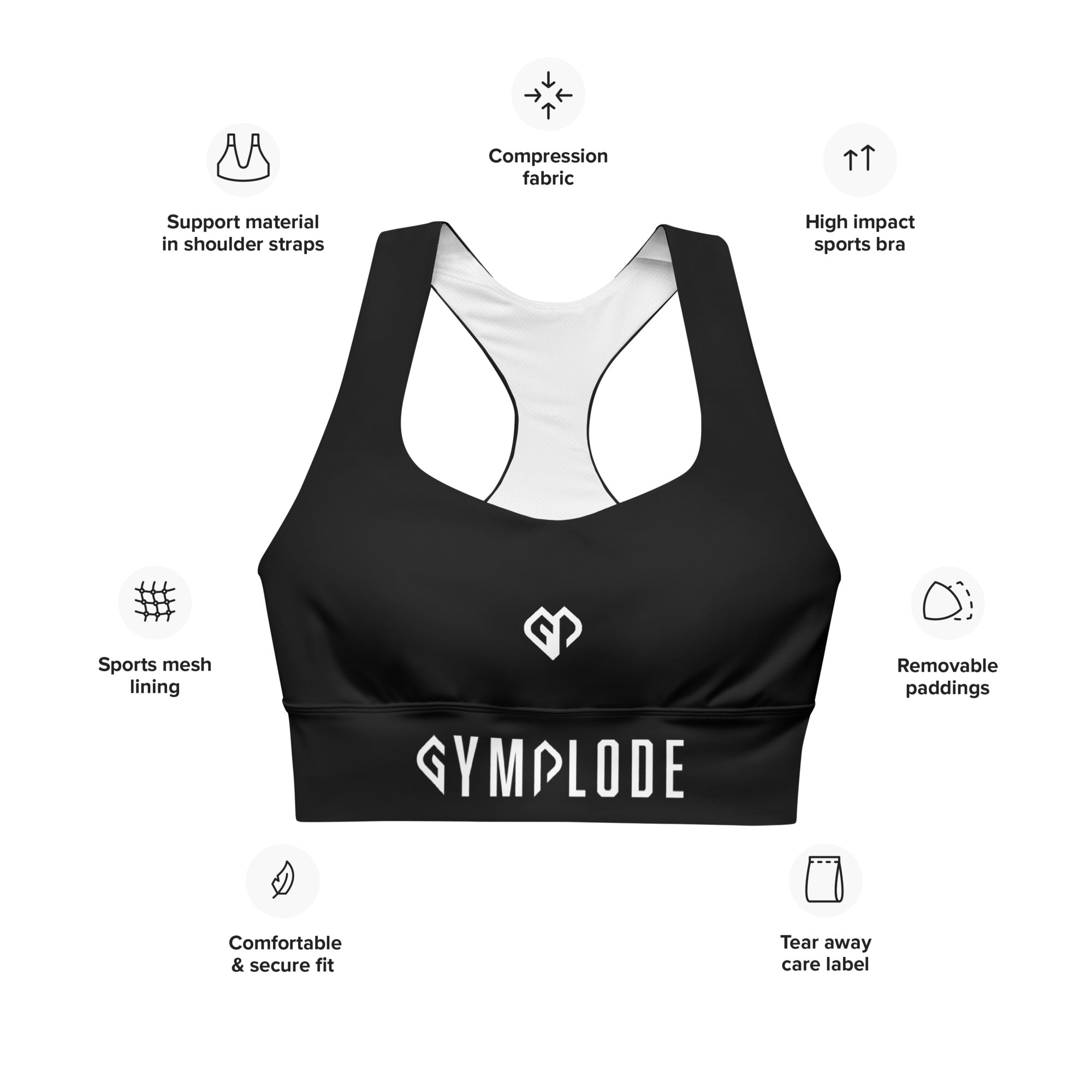 Womens black Gymplode longline sports bra key features