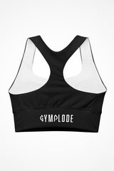 Womens black longline sports bra with Gymplode signature logo, back view