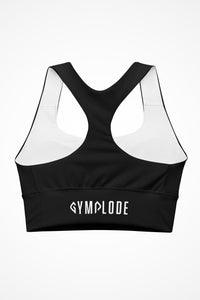 Womens black longline sports bra with Gymplode signature logo, back view