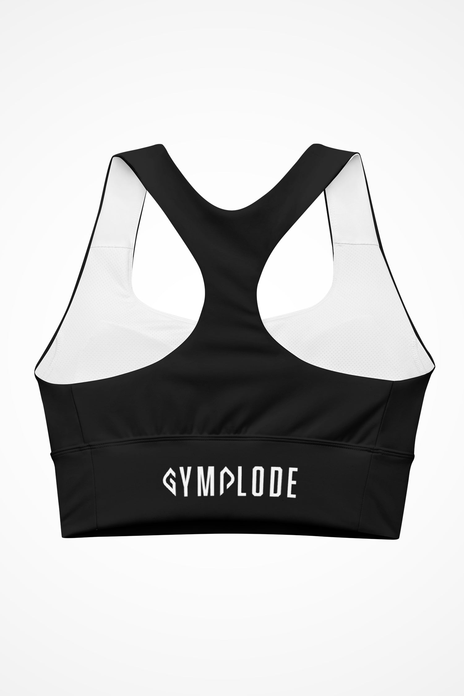 Womens black longline sports bra with Gymplode signature logo, back view