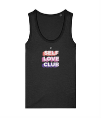 Womens black Self Love Club girlie fit tank top with Gymplode icon logo