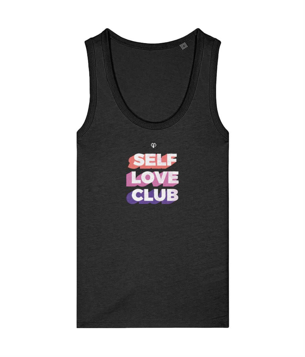 Womens black Self Love Club girlie fit tank top with Gymplode icon logo