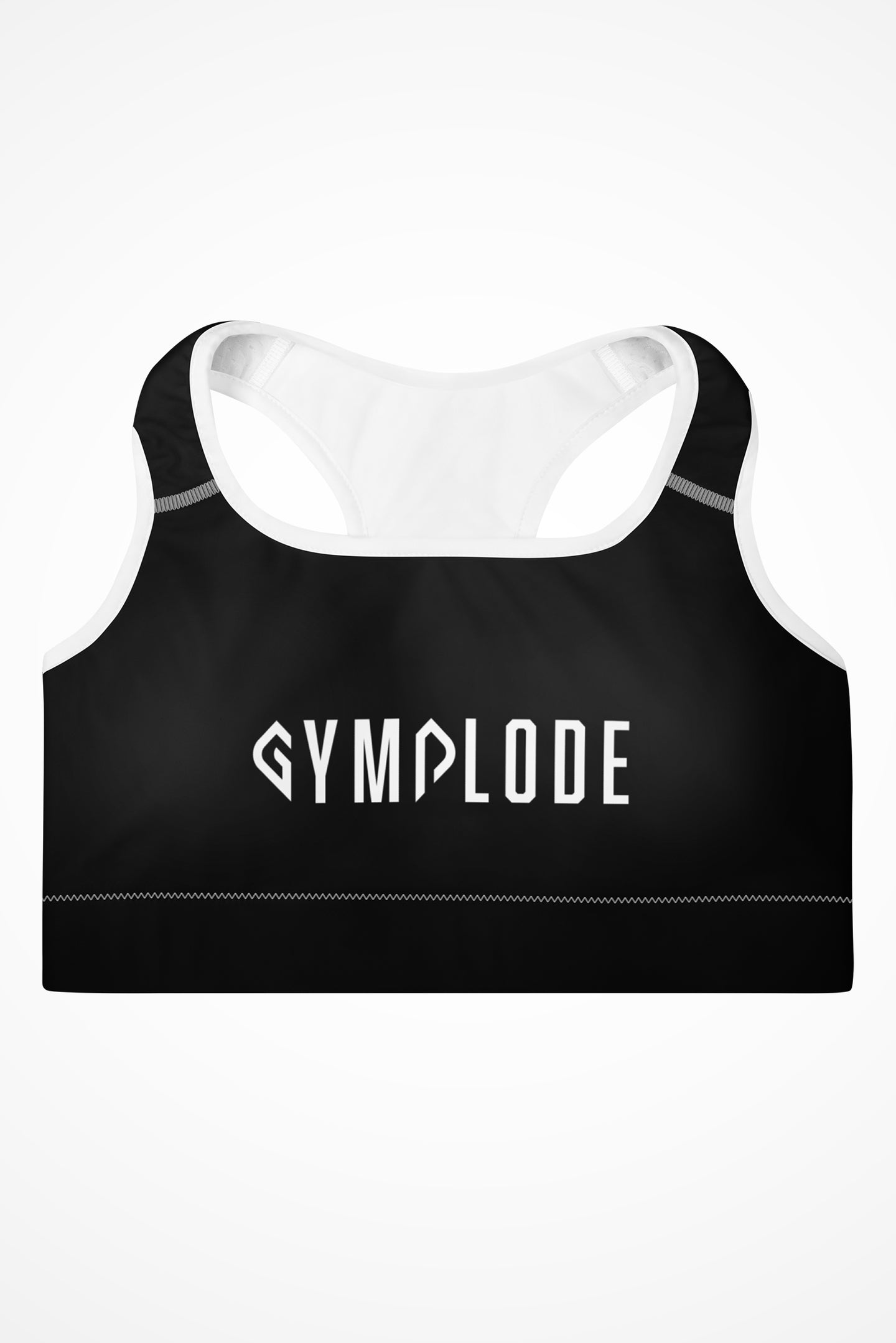 Womens black with white stitch Gymplode padded sports bra with signature logo, front view