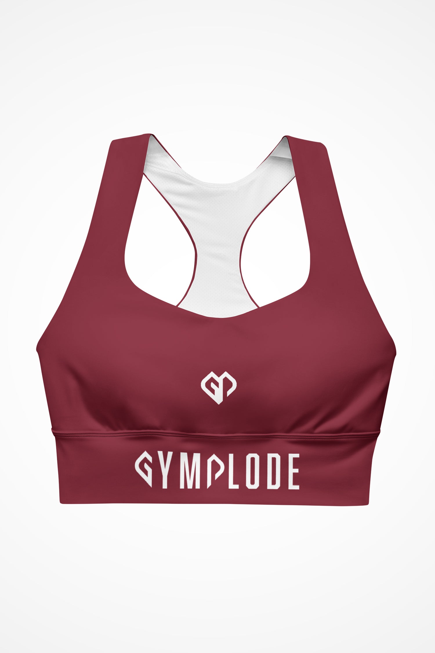 Womens burgundy longline sports bra with Gymplode dual mark logo, front view