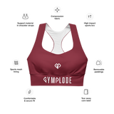 Womens burgundy Gymplode longline sports bra key features