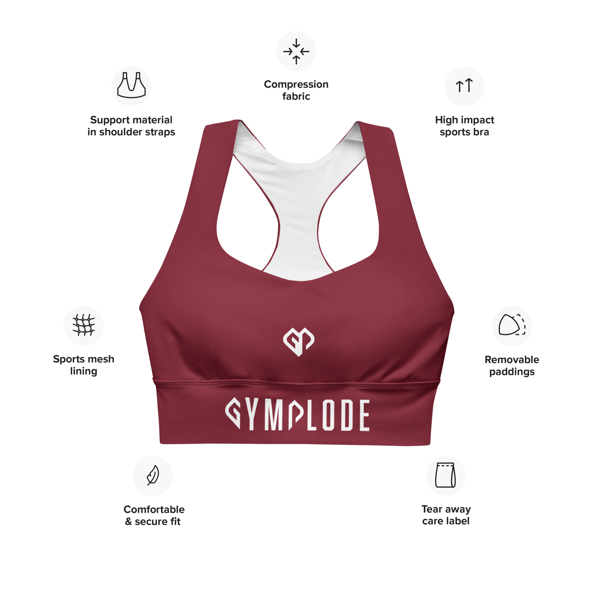 Womens burgundy Gymplode longline sports bra key features