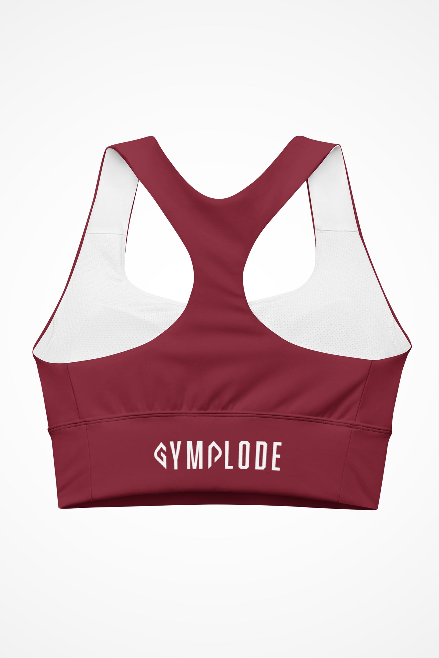 Womens burgundy longline sports bra with Gymplode signature logo, back view