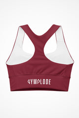 Womens burgundy longline sports bra with Gymplode signature logo, back view