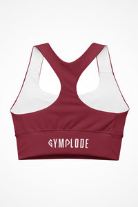 Womens burgundy longline sports bra with Gymplode signature logo, back view