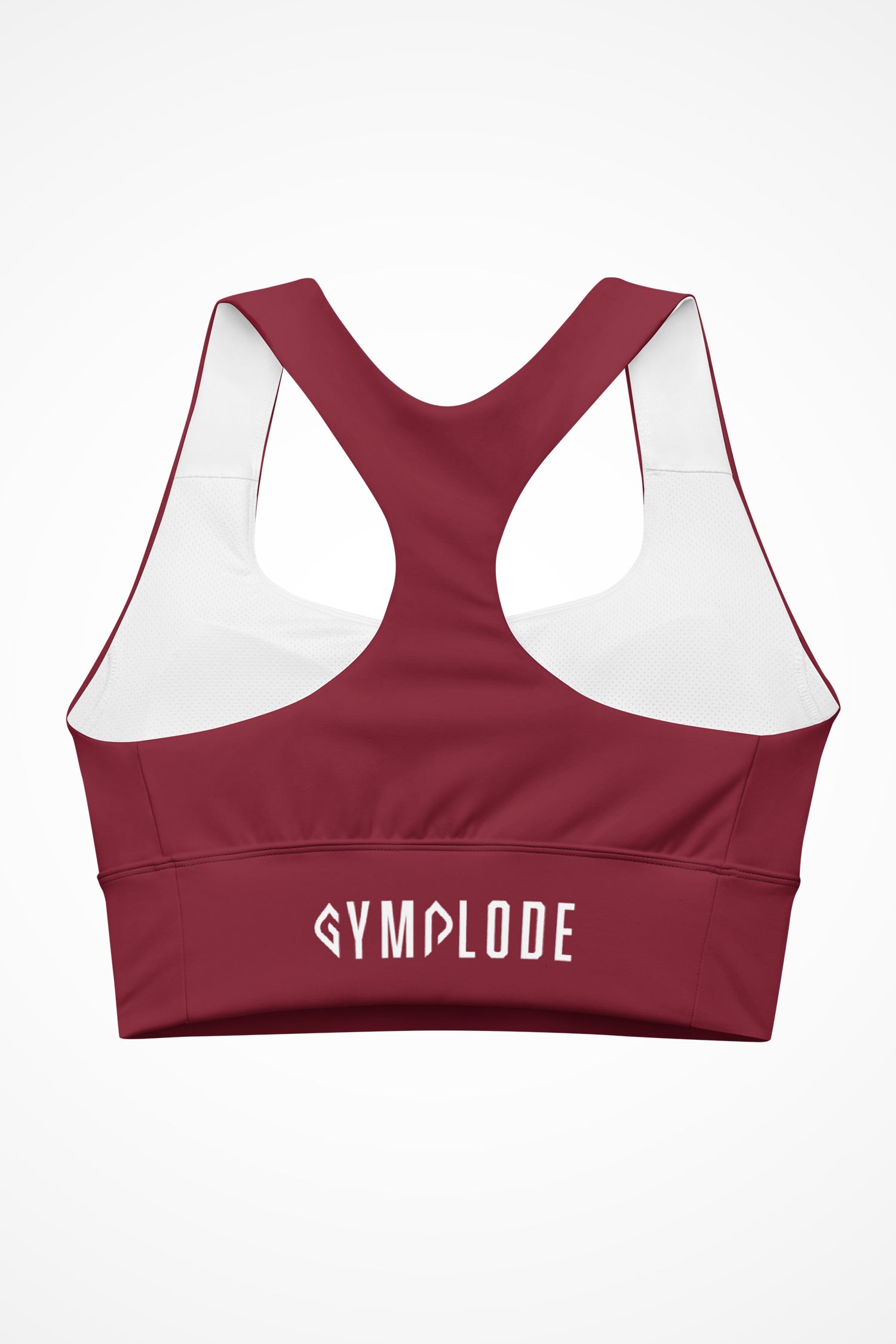 Womens burgundy longline sports bra with Gymplode signature logo, back view