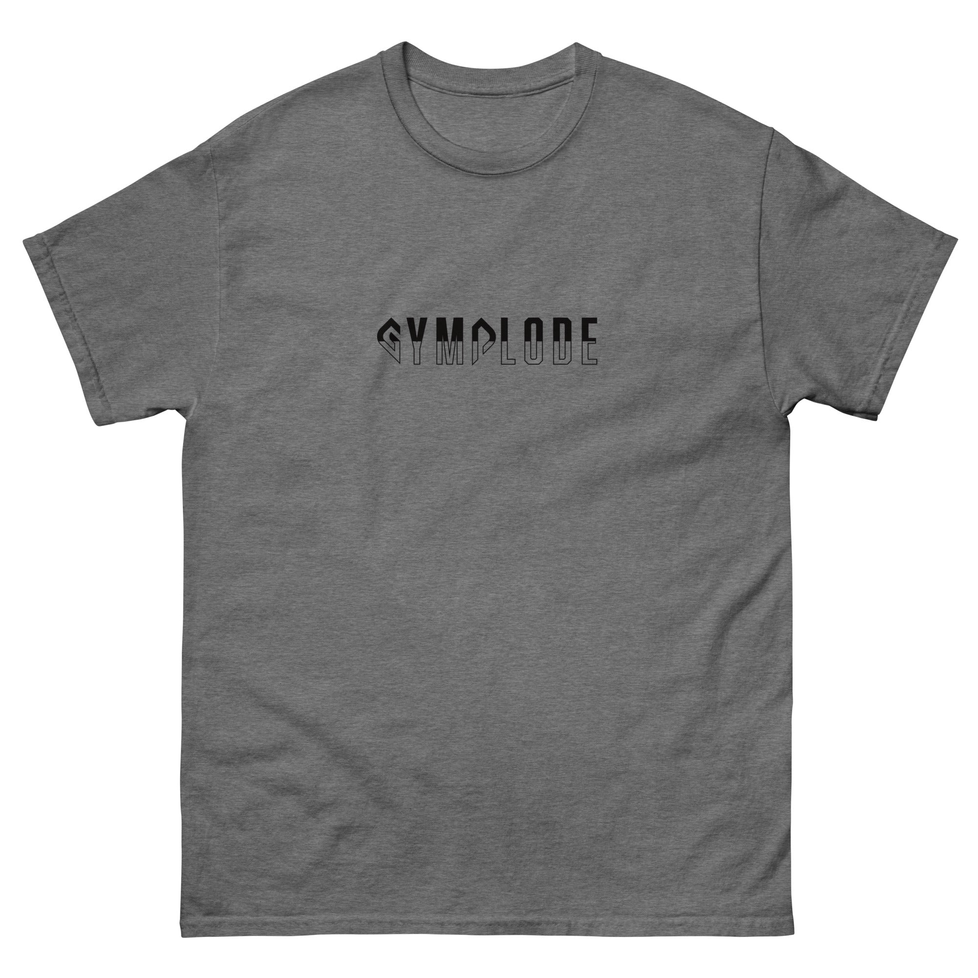 Womens Classic Everyday graphite heather Gymplode t-shirt with signature logo print, front view