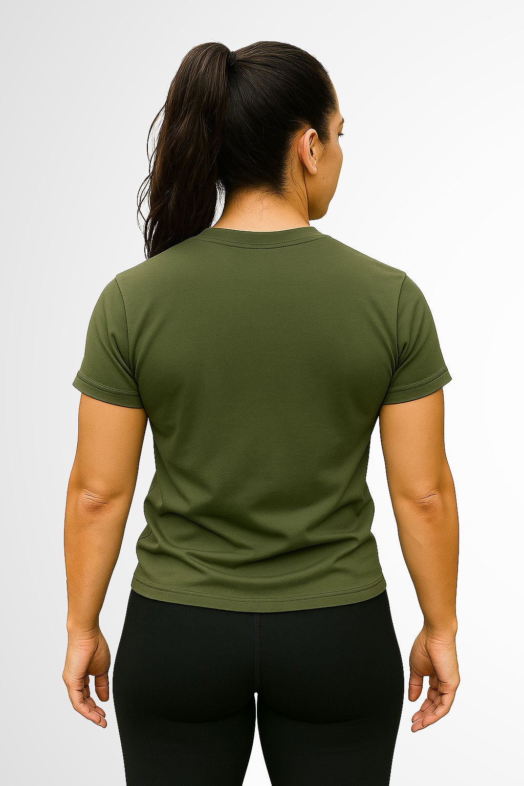 Womens Classic Everyday Gymplode t-shirt with no print, back view with model