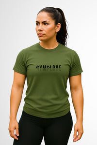 Womens Classic Everyday Gymplode t-shirt with signature logo print, front view with model