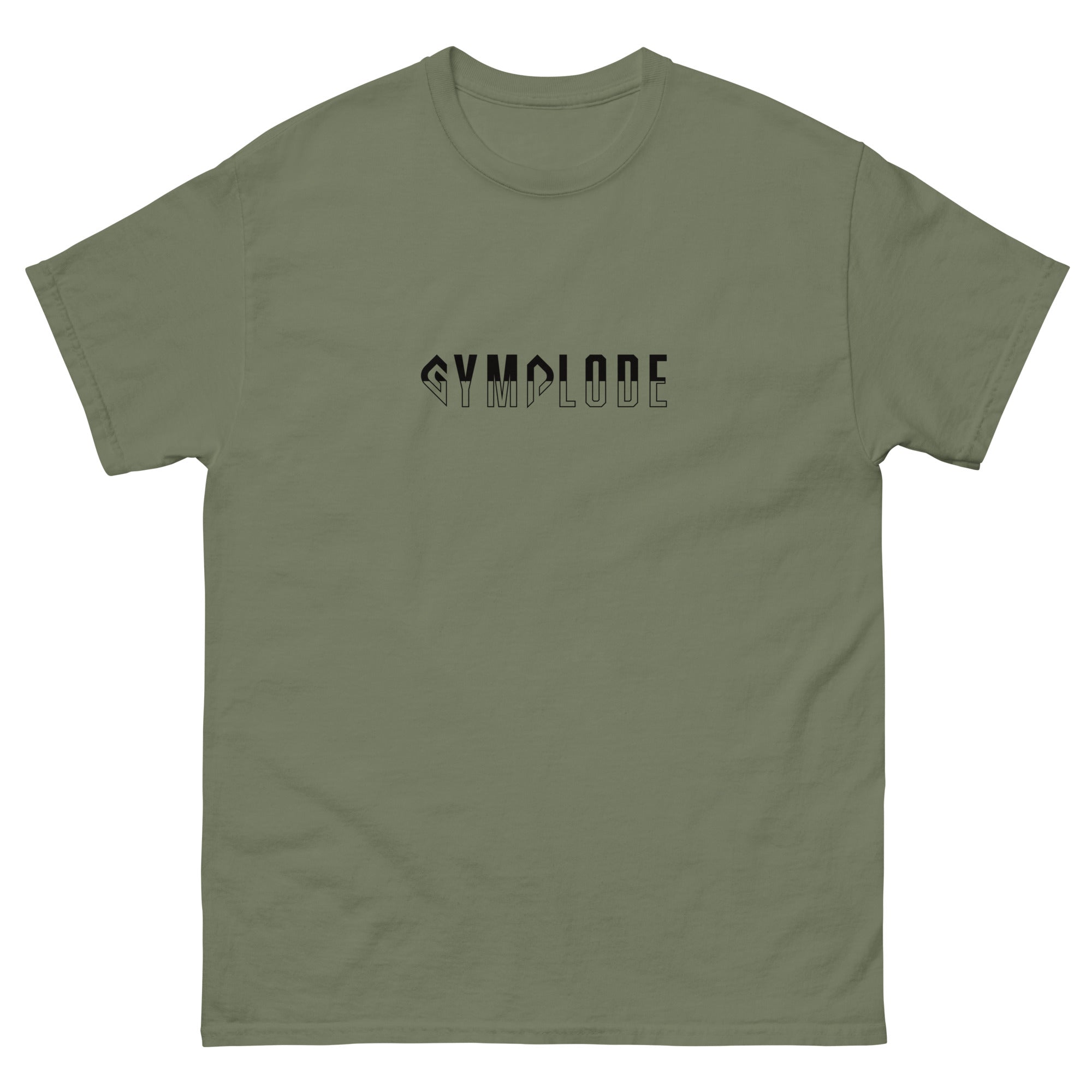Womens Classic Everyday military green Gymplode t-shirt with signature logo print, front view