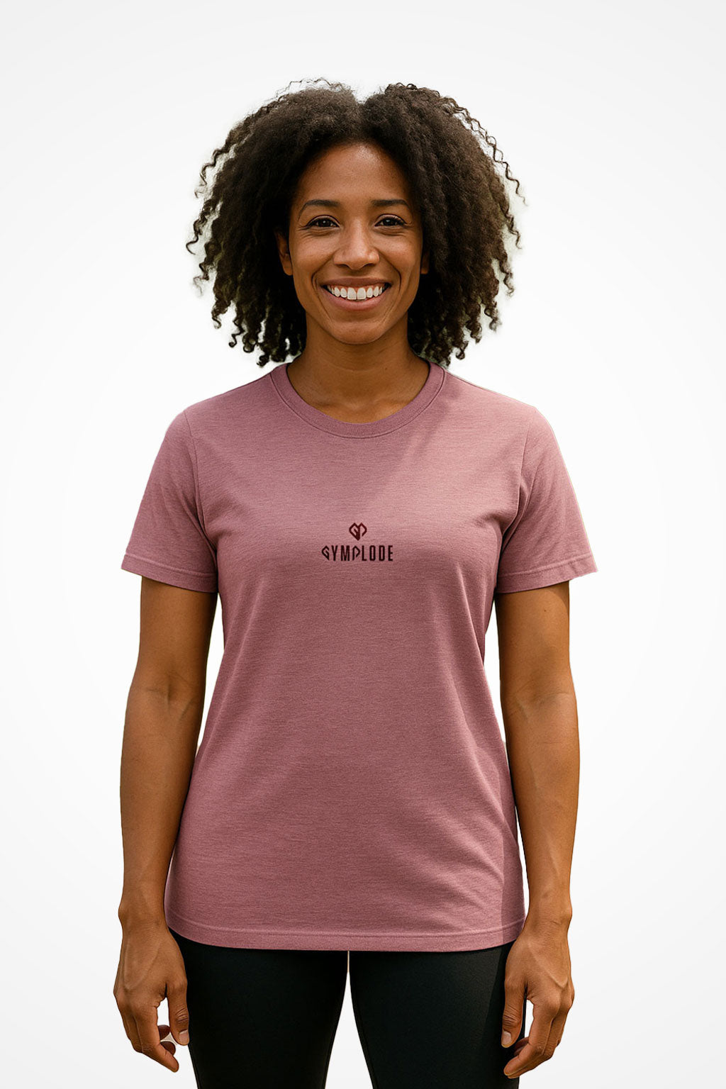 Womens comfy casual t-shirt with Gymplode dual mark imprint, front view with model