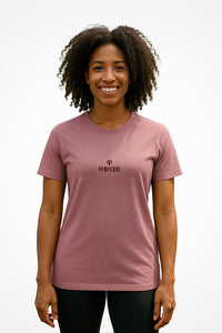 Womens comfy casual t-shirt with Gymplode dual mark imprint, front view with model