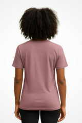 Womens comfy casual Gymplode t-shirt with no print, back view with model