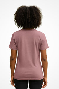 Womens comfy casual Gymplode t-shirt with no print, back view with model