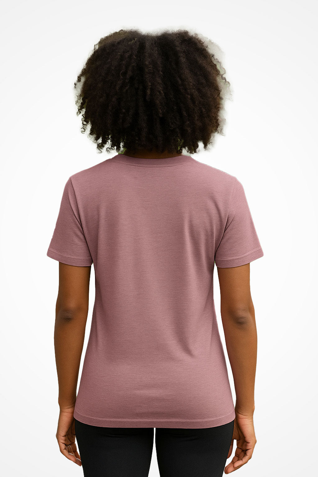 Womens comfy casual Gymplode t-shirt with no print, back view with model