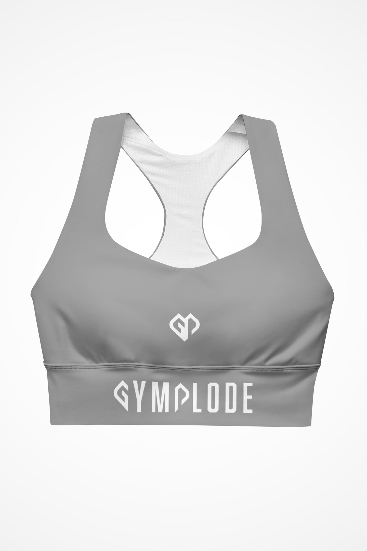 Womens cool grey longline sports bra with Gymplode dual mark logo, front view