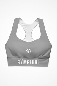 Womens cool grey longline sports bra with Gymplode dual mark logo, front view