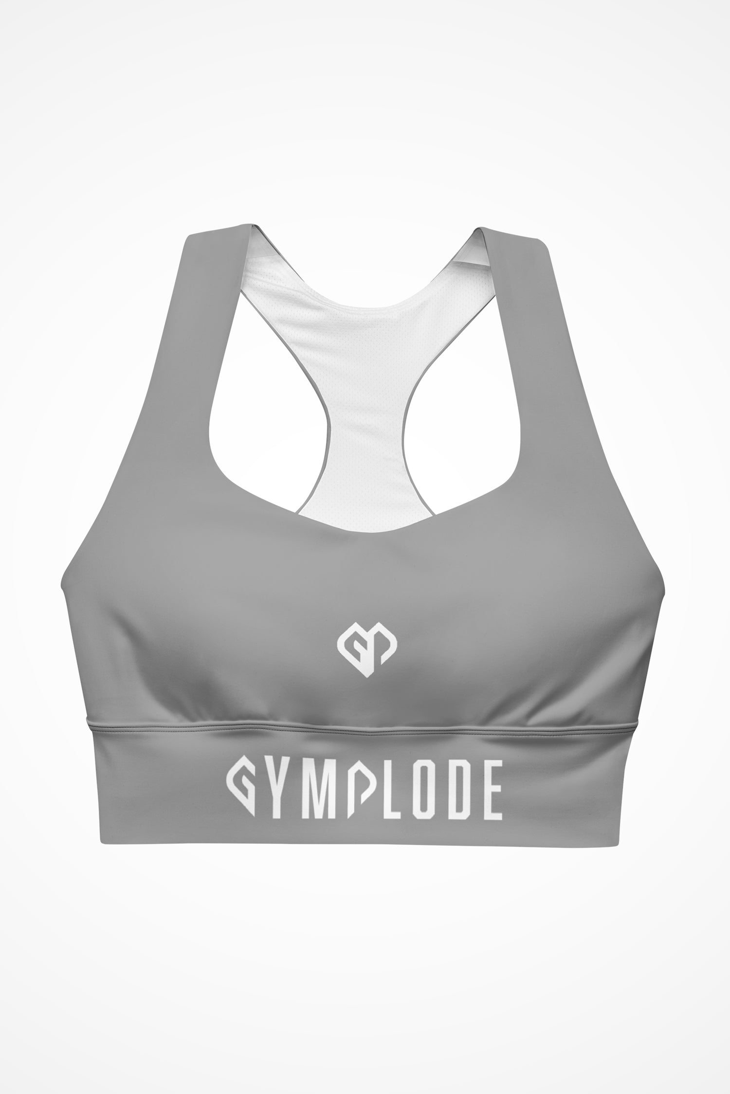 Womens cool grey longline sports bra with Gymplode dual mark logo, front view