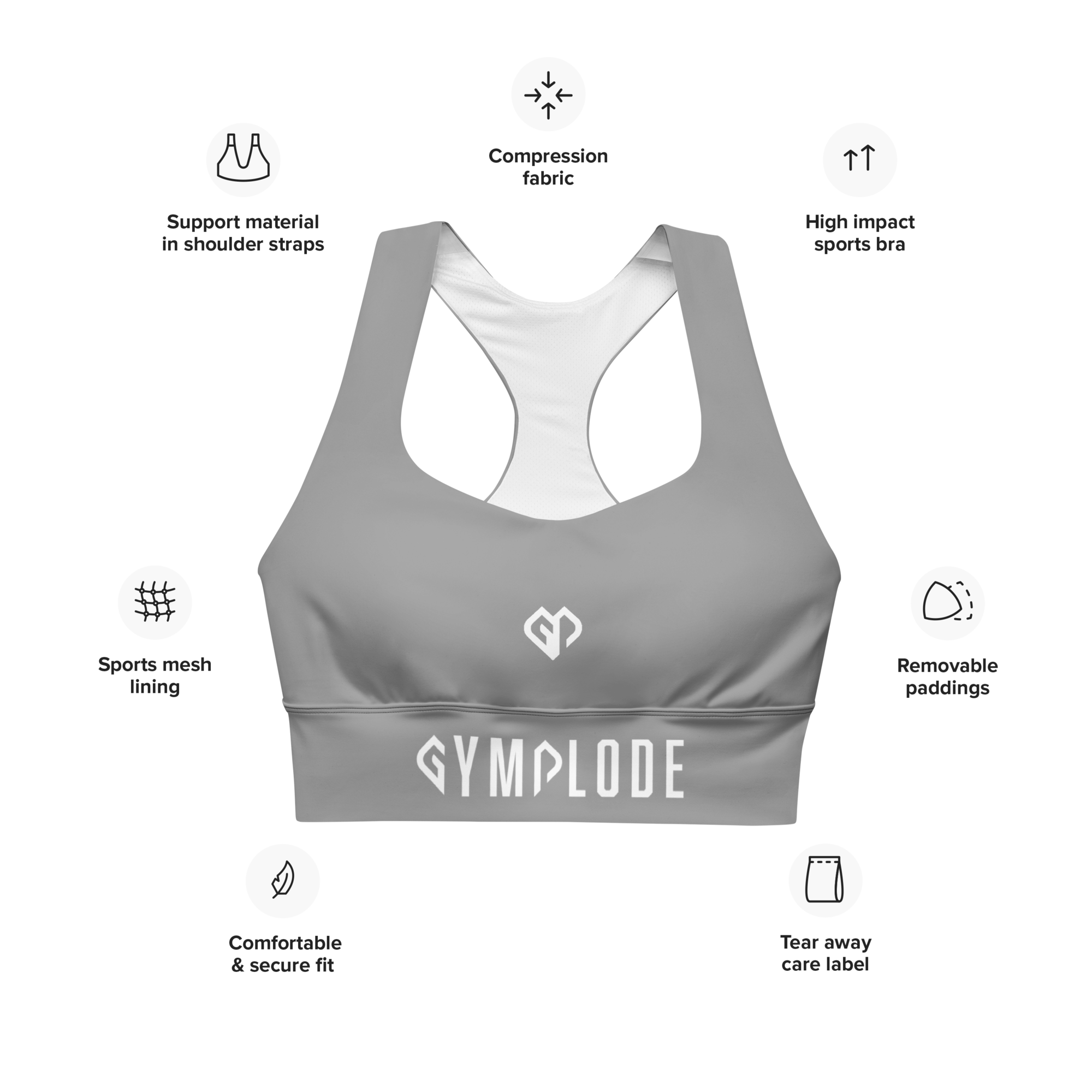 Womens cool grey Gymplode longline sports bra key features