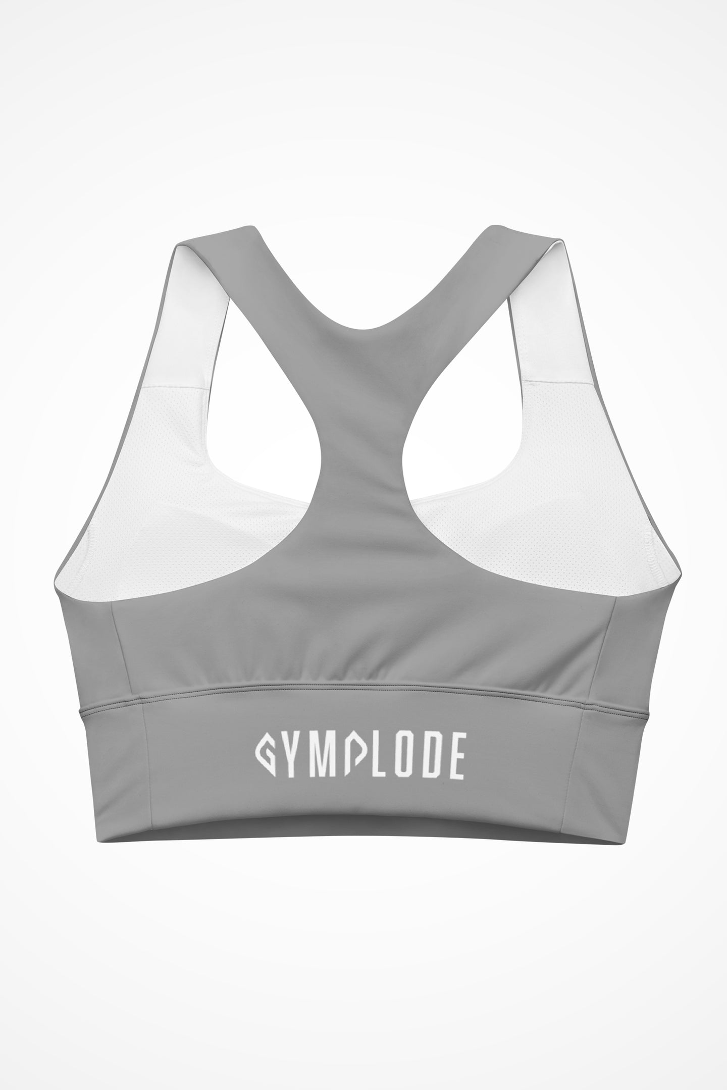 Womens cool grey longline sports bra with Gymplode signature logo, back view