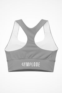 Womens cool grey longline sports bra with Gymplode signature logo, back view