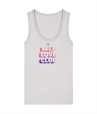 Womens cool heather grey Self Love Club girlie fit tank top with Gymplode icon logo