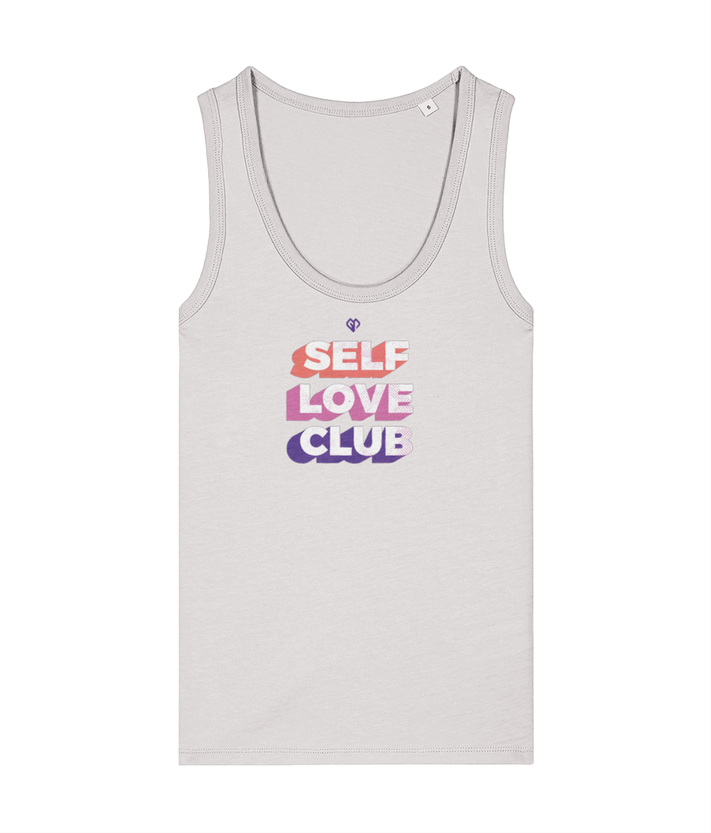 Womens cool heather grey Self Love Club girlie fit tank top with Gymplode icon logo
